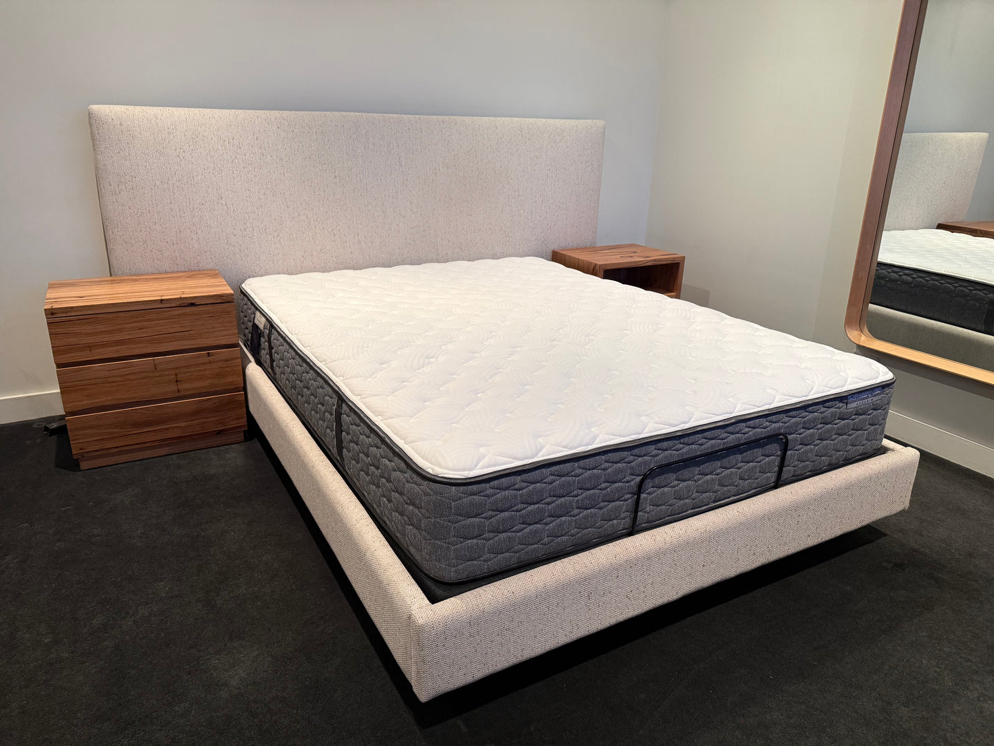 Ex Demo Yakka Fully Upholstered Extended Headboard Floating Bed Frame Queen Size