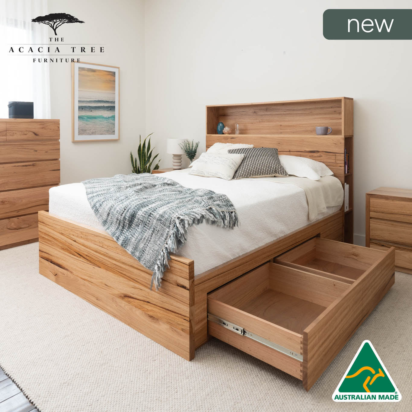 Bed with bookcase on sale headboard and drawers