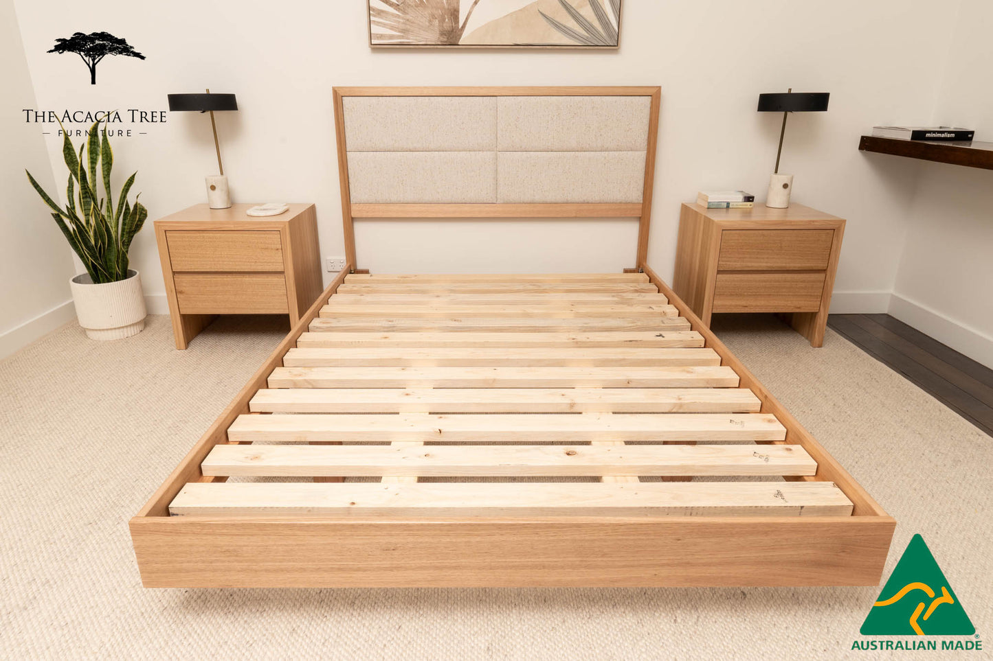 Yakka Oak and Fabric Headboard Floating Bed Frame (Solid Tasmanian Oak) - Made in Australia