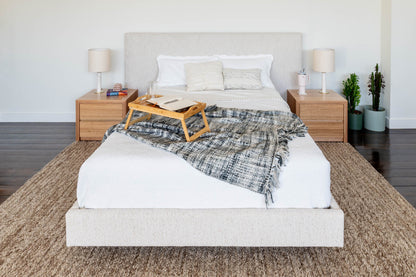 Ex Demo Yakka Fully Upholstered Extended Headboard Floating Bed Frame Queen Size