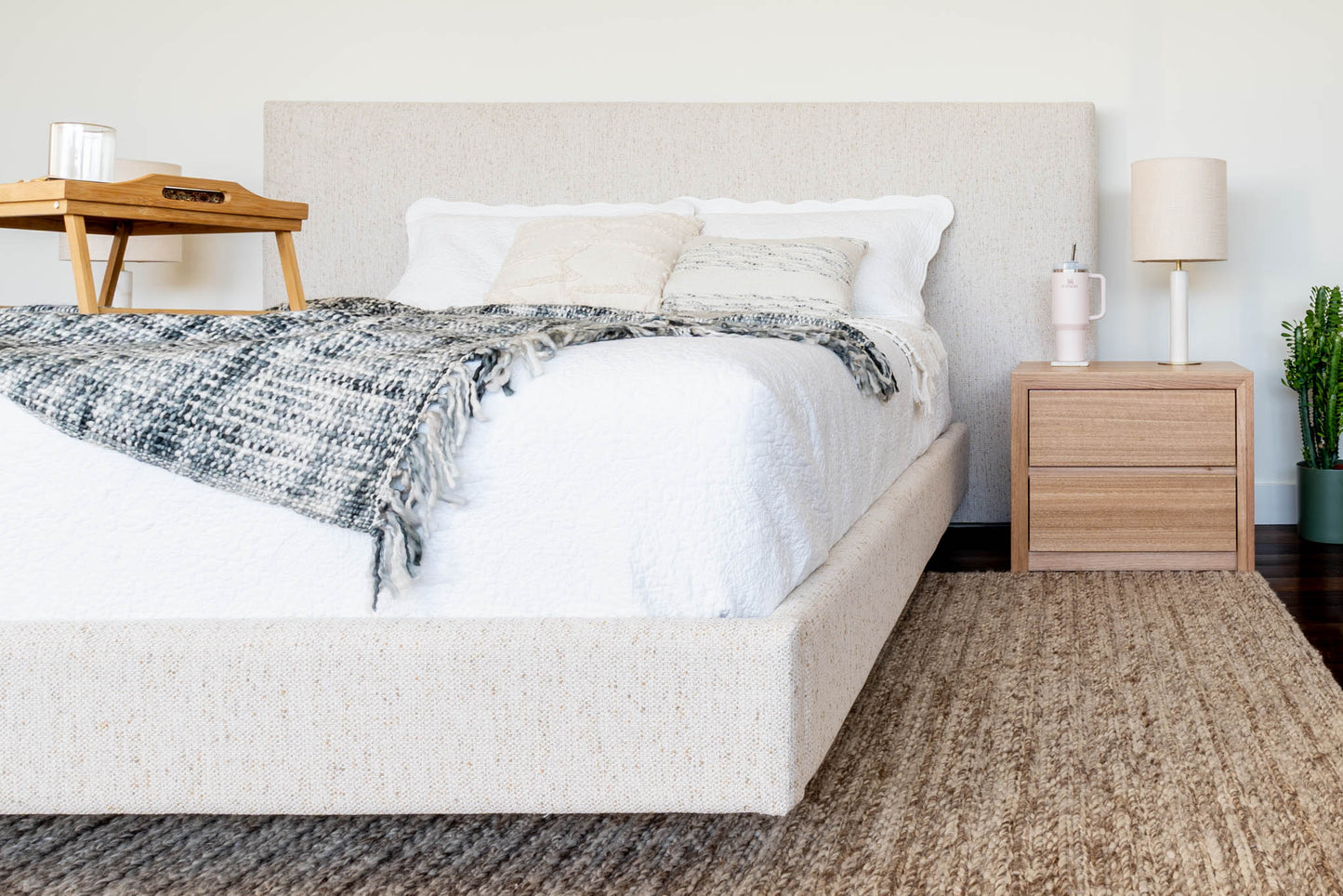 Ex Demo Yakka Fully Upholstered Extended Headboard Floating Bed Frame Queen Size
