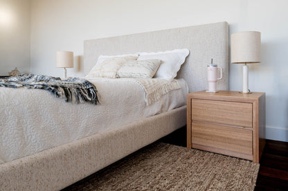 Ex Demo Yakka Fully Upholstered Extended Headboard Floating Bed Frame Queen Size