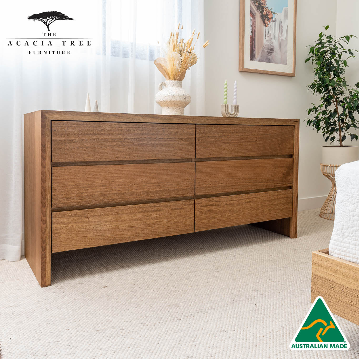 Zion 6 Draw Dresser (Maple Stain) - Made in Australia