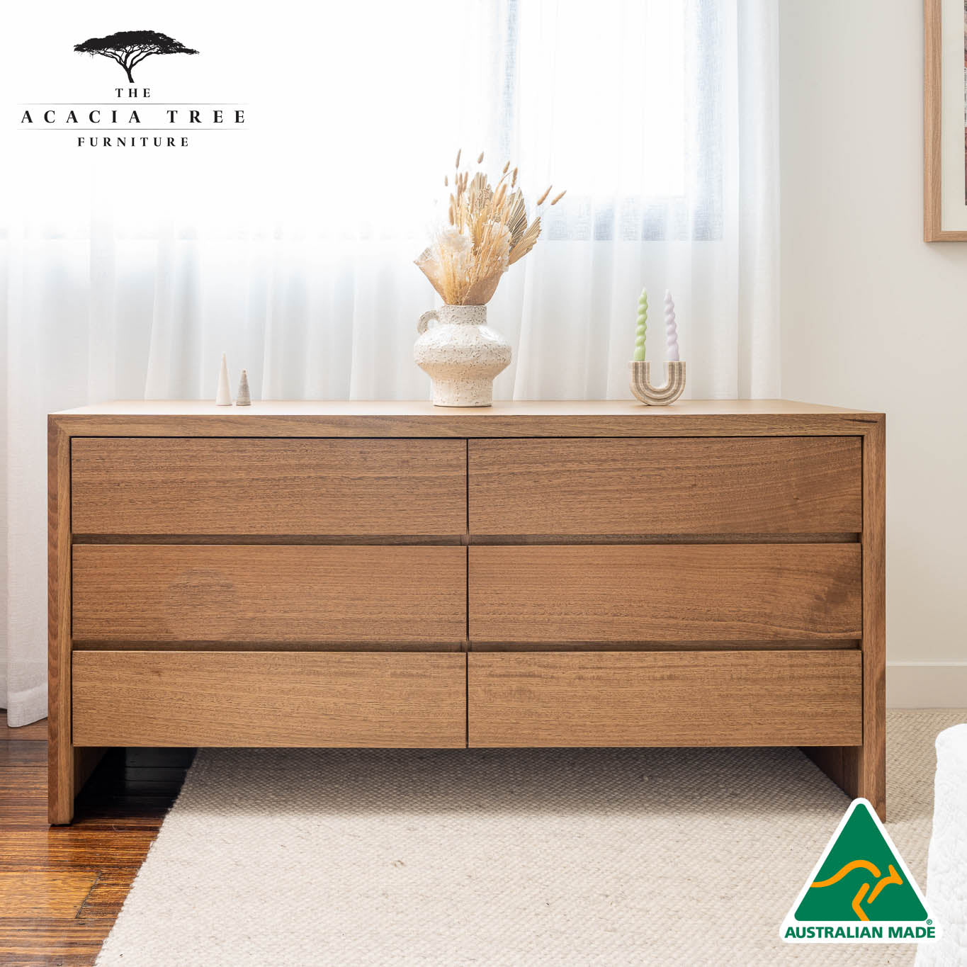 Zion 6 Draw Dresser (Maple Stain) - Made in Australia