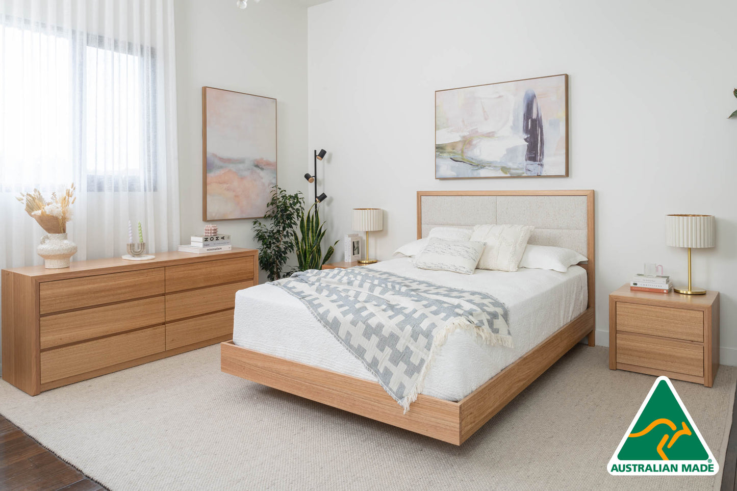 Yakka Oak and Fabric Headboard Floating Bed Frame (Solid Tasmanian Oak) - Made in Australia