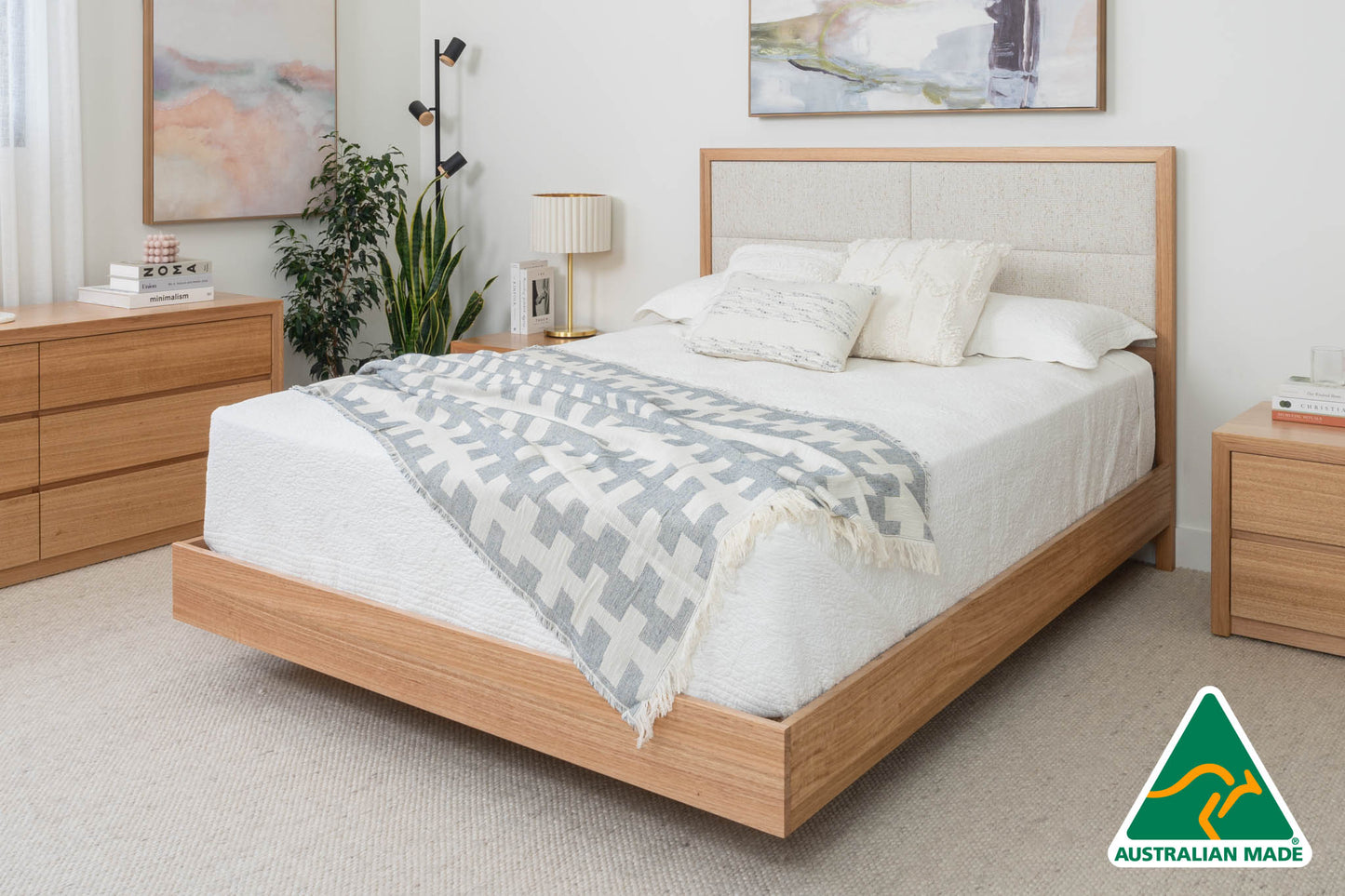 Yakka Oak and Fabric Headboard Floating Bed Frame (Solid Tasmanian Oak) - Made in Australia