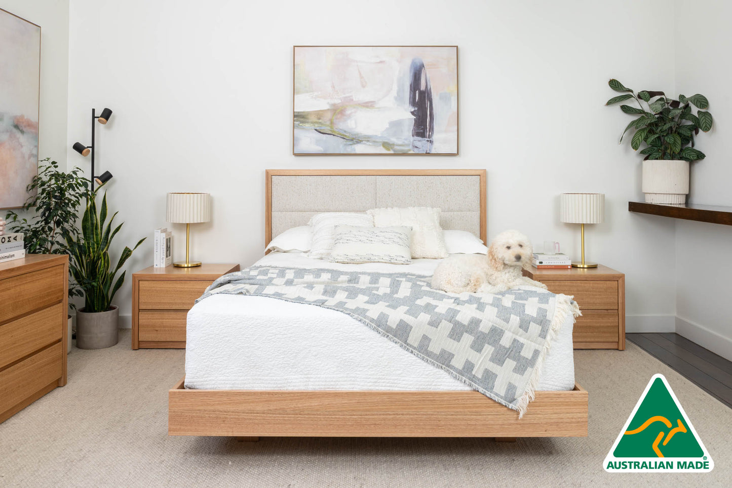 Yakka Oak and Fabric Headboard Floating Bed Frame (Solid Tasmanian Oak) - Made in Australia