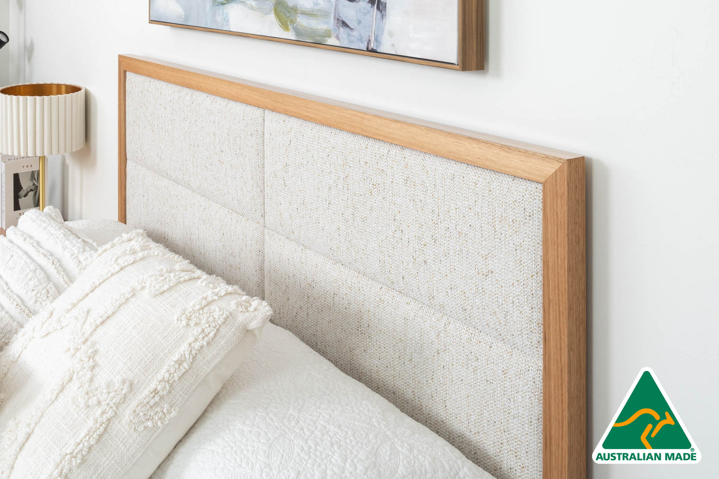 Yakka Oak and Fabric Headboard Floating Bed Frame (Solid Tasmanian Oak) - Made in Australia