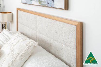 Yakka Oak and Fabric Headboard Floating Bed Frame (Solid Tasmanian Oak) - Made in Australia
