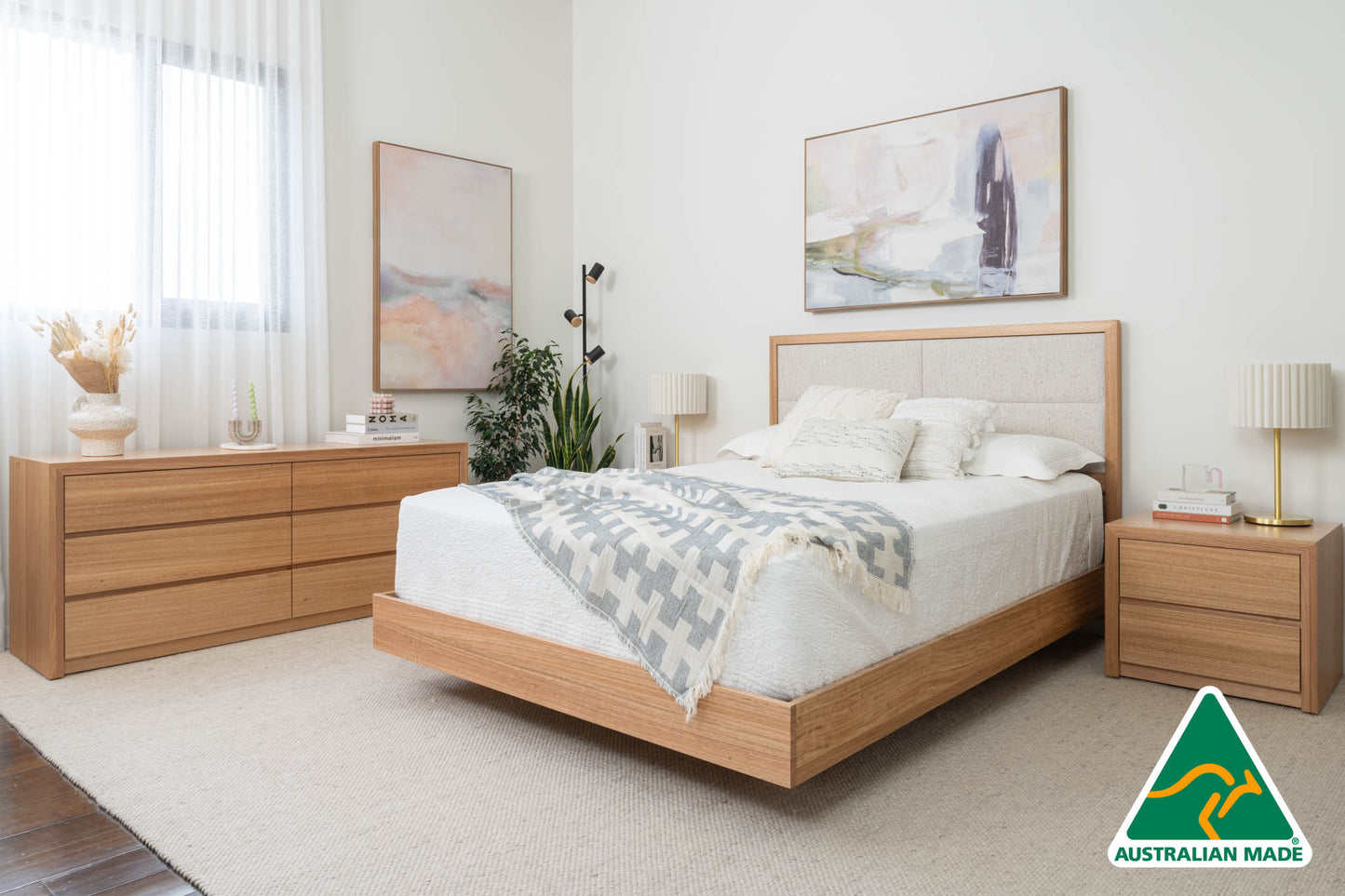 Yakka Oak and Fabric Headboard Floating Bed Frame (Solid Tasmanian Oak) - Made in Australia