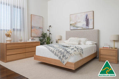 Yakka™️ Upholstered Headboard Floating Bed Frame (Solid Tasmanian Oak)- Made in Australia