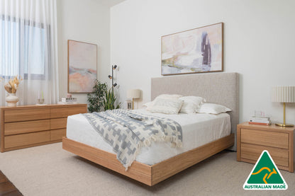 Yakka™️ Upholstered Headboard Floating Bed Frame (Solid Tasmanian Oak)- Made in Australia