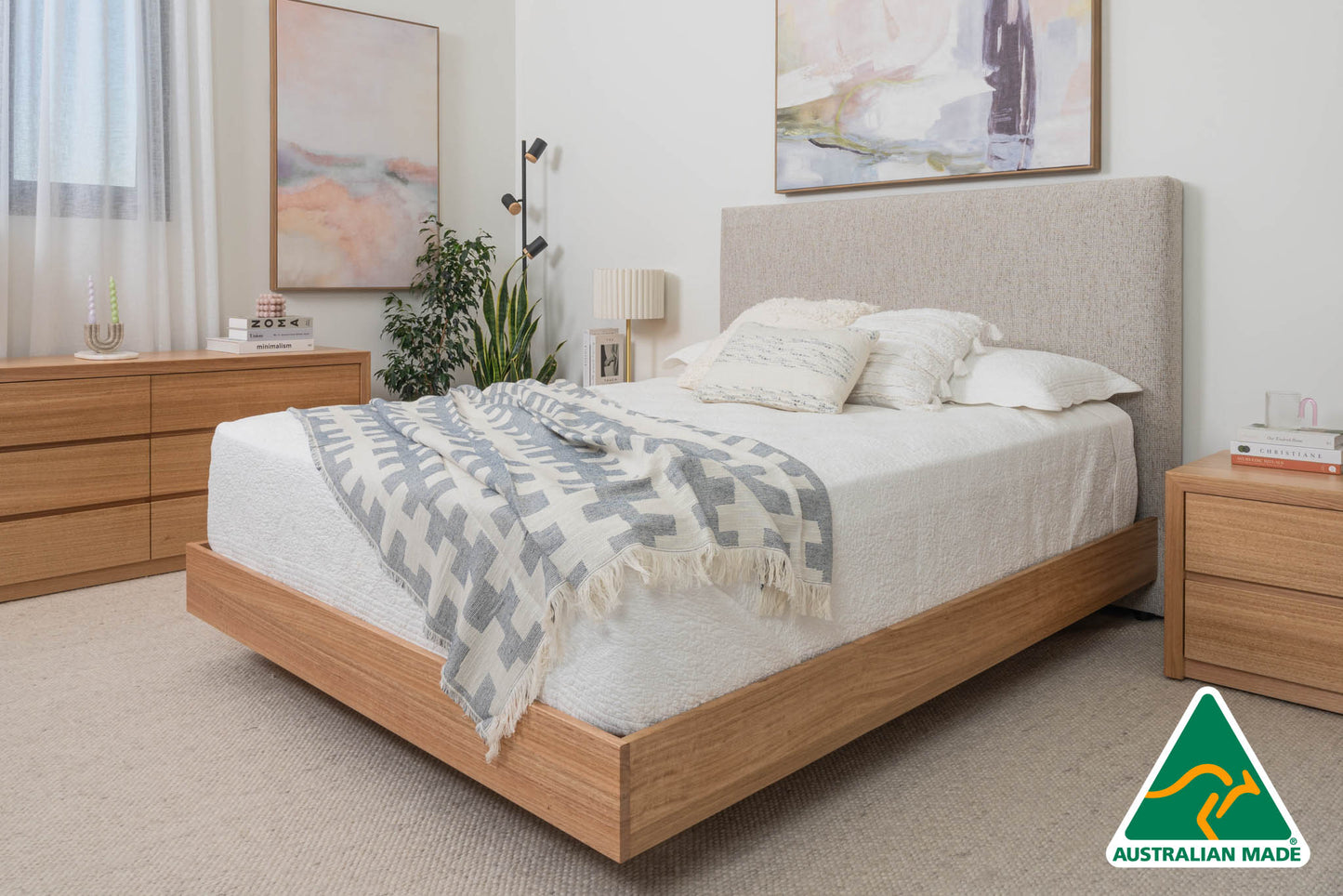 Yakka Upholstered Headboard Floating Bed Frame (Solid Tasmanian Oak)- Made in Australia