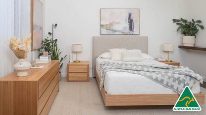 Yakka™️ Upholstered Headboard Floating Bed Frame (Solid Tasmanian Oak)- Made in Australia