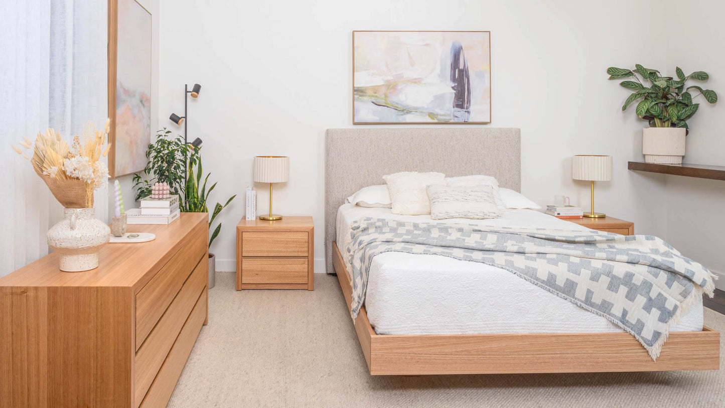 Yakka Upholstered Headboard Tasmanian Oak Bed Frame