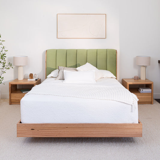 Ex Demo Yakka Cloud Tasmanian Oak Feature Grade Queen Size Bed Frame -Rhapsody Pear