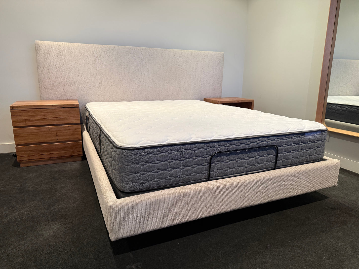 Ex Demo Yakka Fully Upholstered Extended Headboard Floating Bed Frame Queen Size