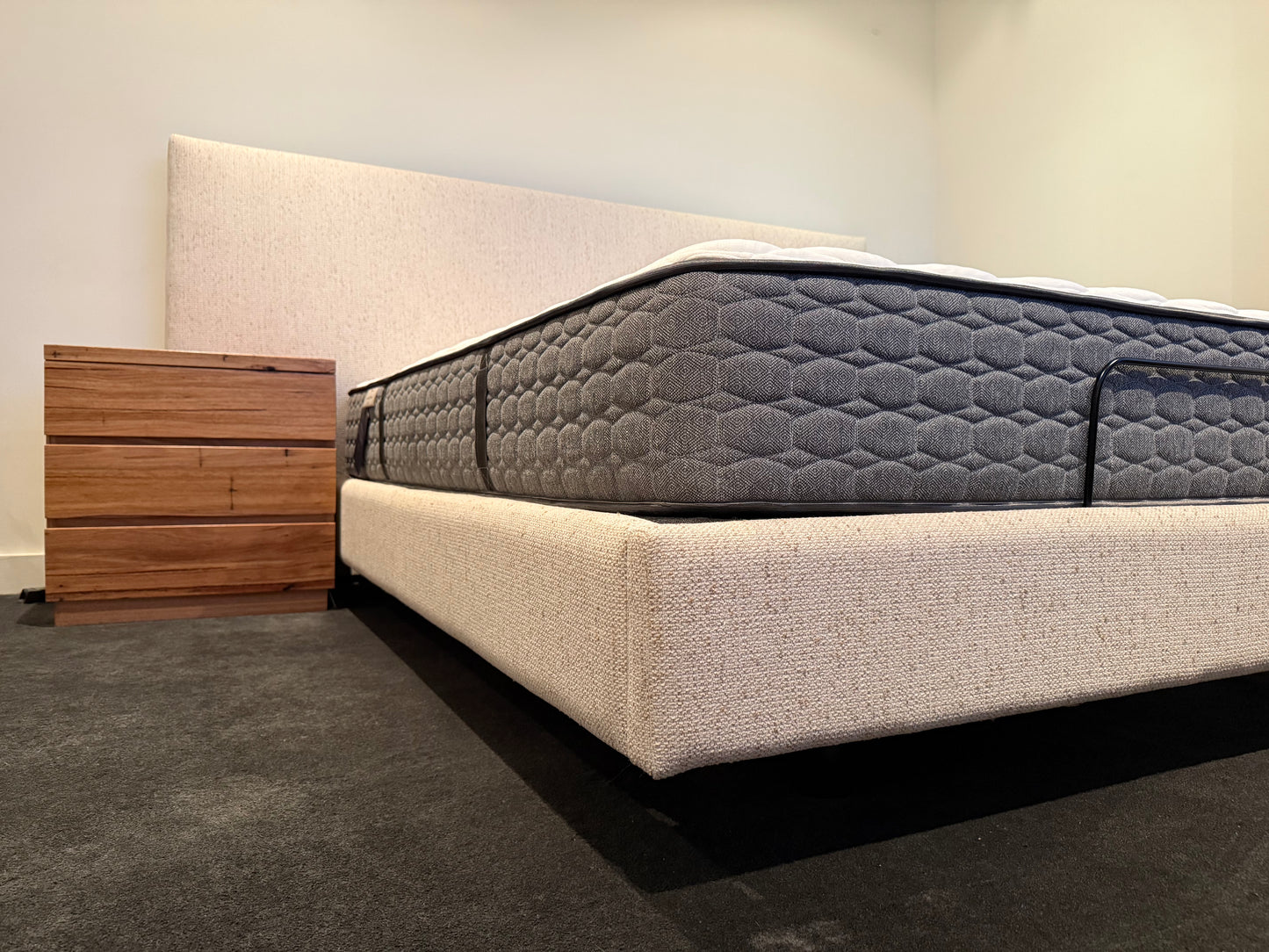 Ex Demo Yakka Fully Upholstered Extended Headboard Floating Bed Frame Queen Size