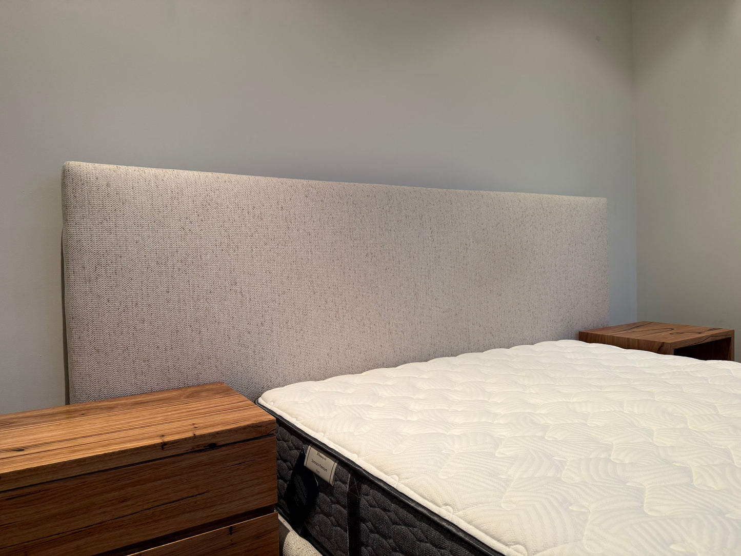 Ex Demo Yakka Fully Upholstered Extended Headboard Floating Bed Frame Queen Size