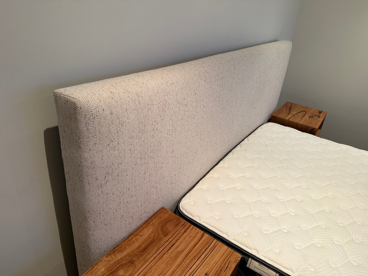 Ex Demo Yakka Fully Upholstered Extended Headboard Floating Bed Frame Queen Size