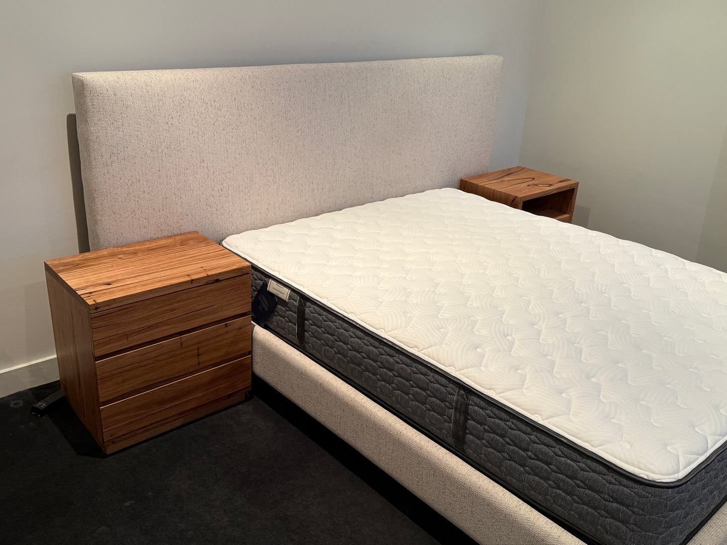 Ex Demo Yakka Fully Upholstered Extended Headboard Floating Bed Frame Queen Size