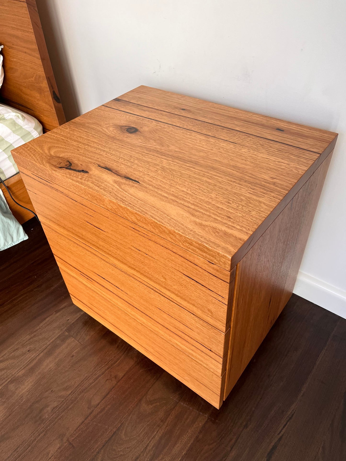 Ex Demo Elijah Messmate 3 Drawer Bedside Table Sand Stain Brisbane Showroom