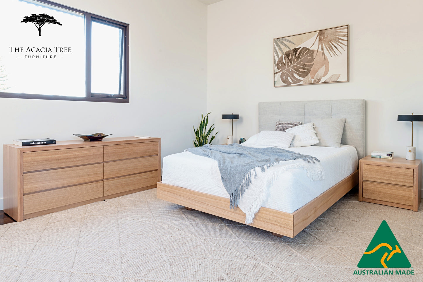 Yakka Upholstered Panel Floating Bed Frame (Solid Tasmanian Oak)- Made in Australia