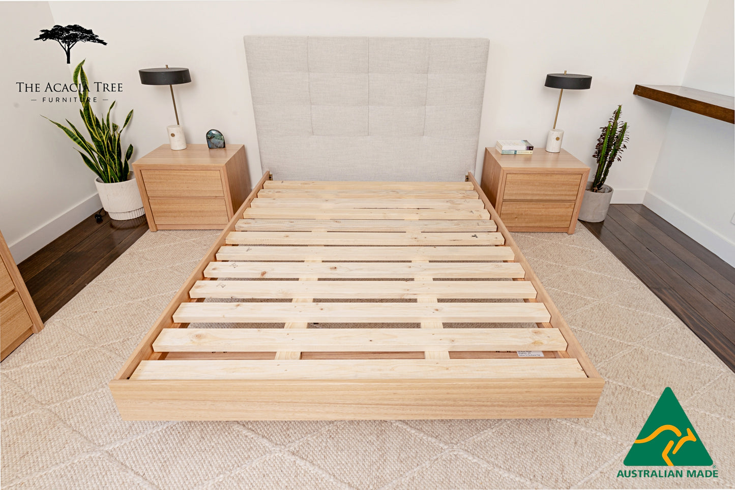 Yakka Upholstered Panel Floating Bed Frame (Solid Tasmanian Oak)- Made in Australia