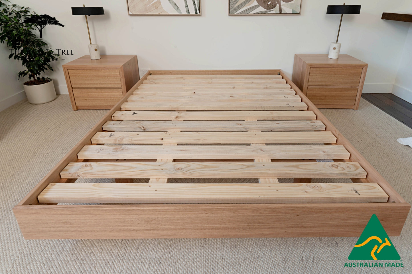 Queen Cottage Teak Stain Yakka Floating Bed Frame Solid Tasmanian Oak - Made in Australia