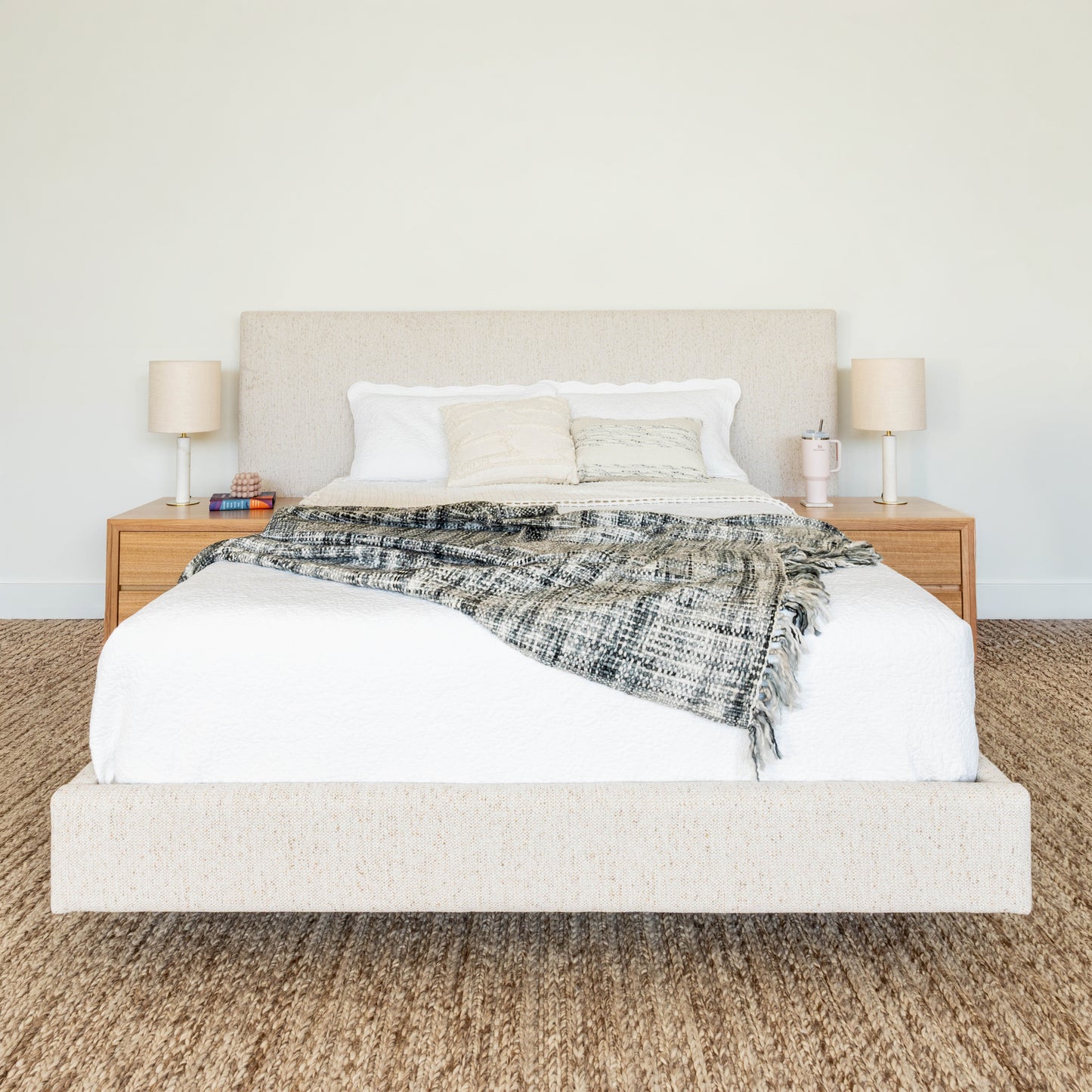 Ex Demo Yakka Fully Upholstered Extended Headboard Floating Bed Frame Queen Size
