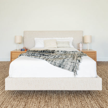 Ex Demo Yakka Fully Upholstered Extended Headboard Floating Bed Frame Queen Size