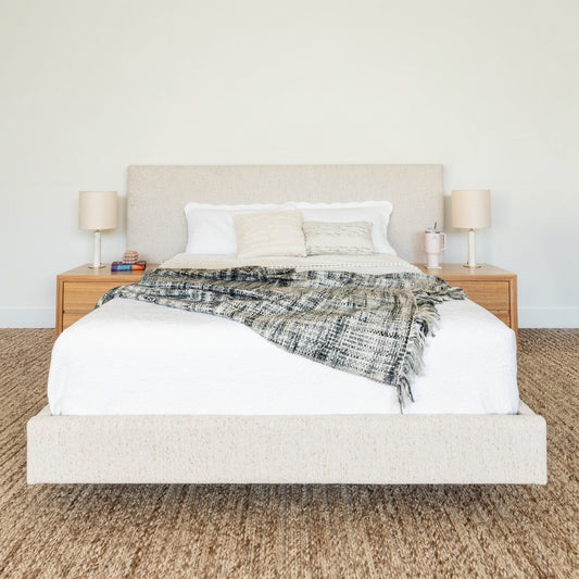 Ex Demo Yakka Fully Upholstered Extended Headboard Floating Bed Frame Queen Size