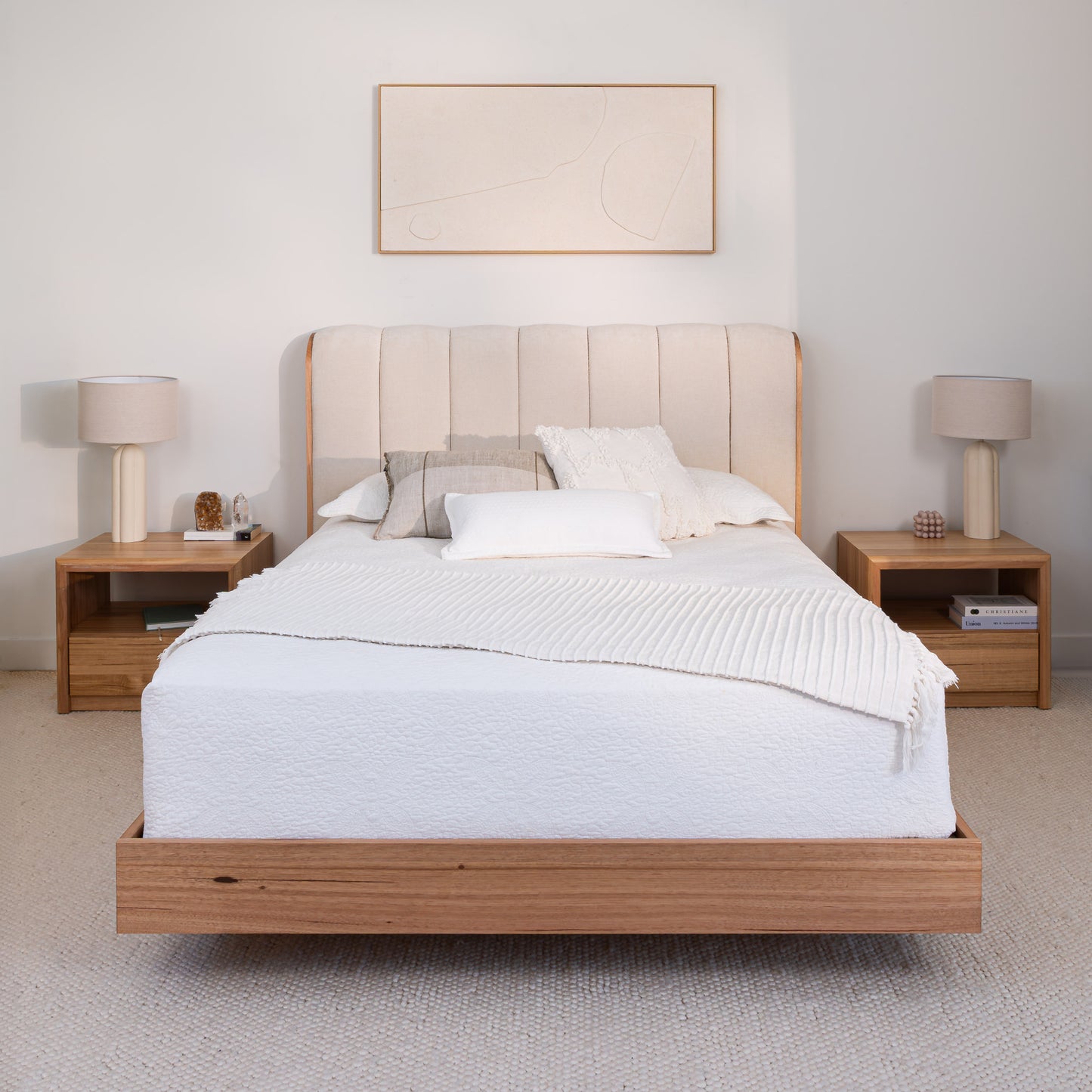 Ex Demo Yakka Cloud Tasmanian Oak Feature Grade Queen Size Bed Frame -Rhapsody Pear