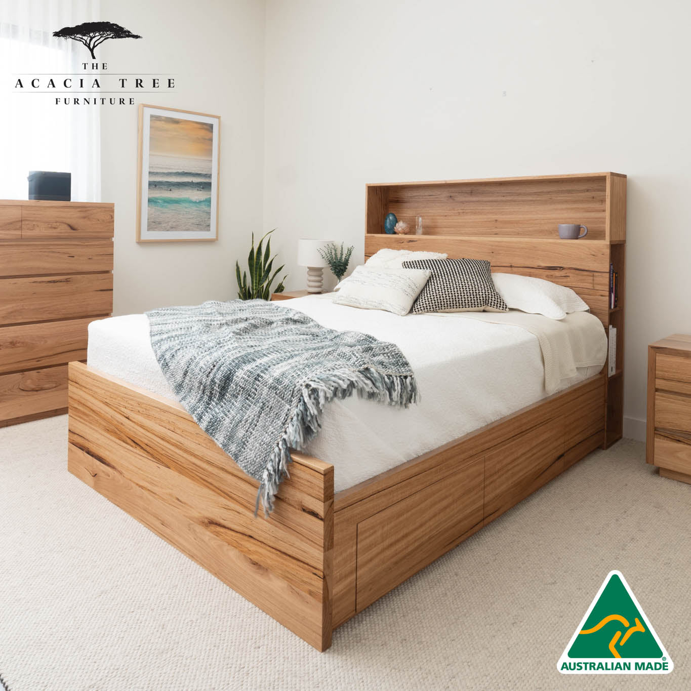 York Bookcase Headboard 4 Drawer Bedroom Suite - Made in Australia