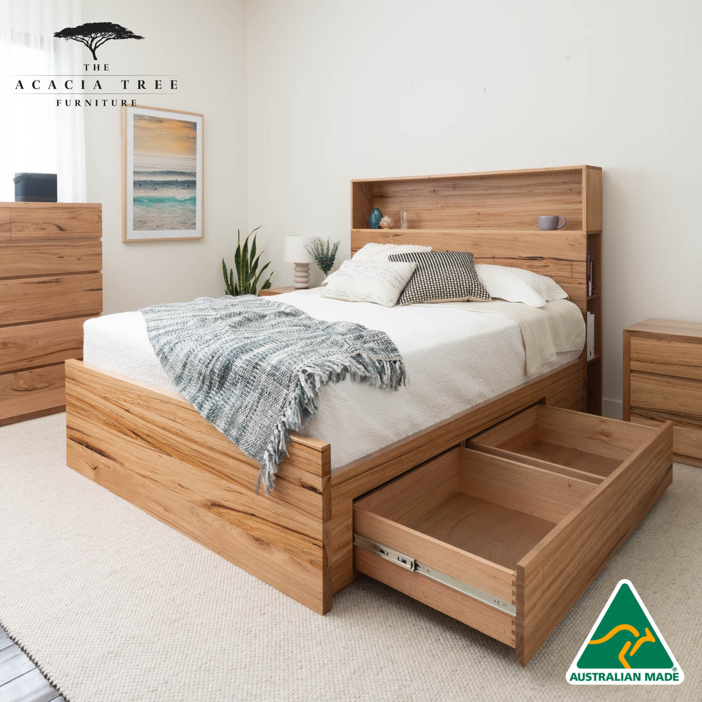 York Bookcase Headboard 4 Drawer Bedroom Suite - Made in Australia