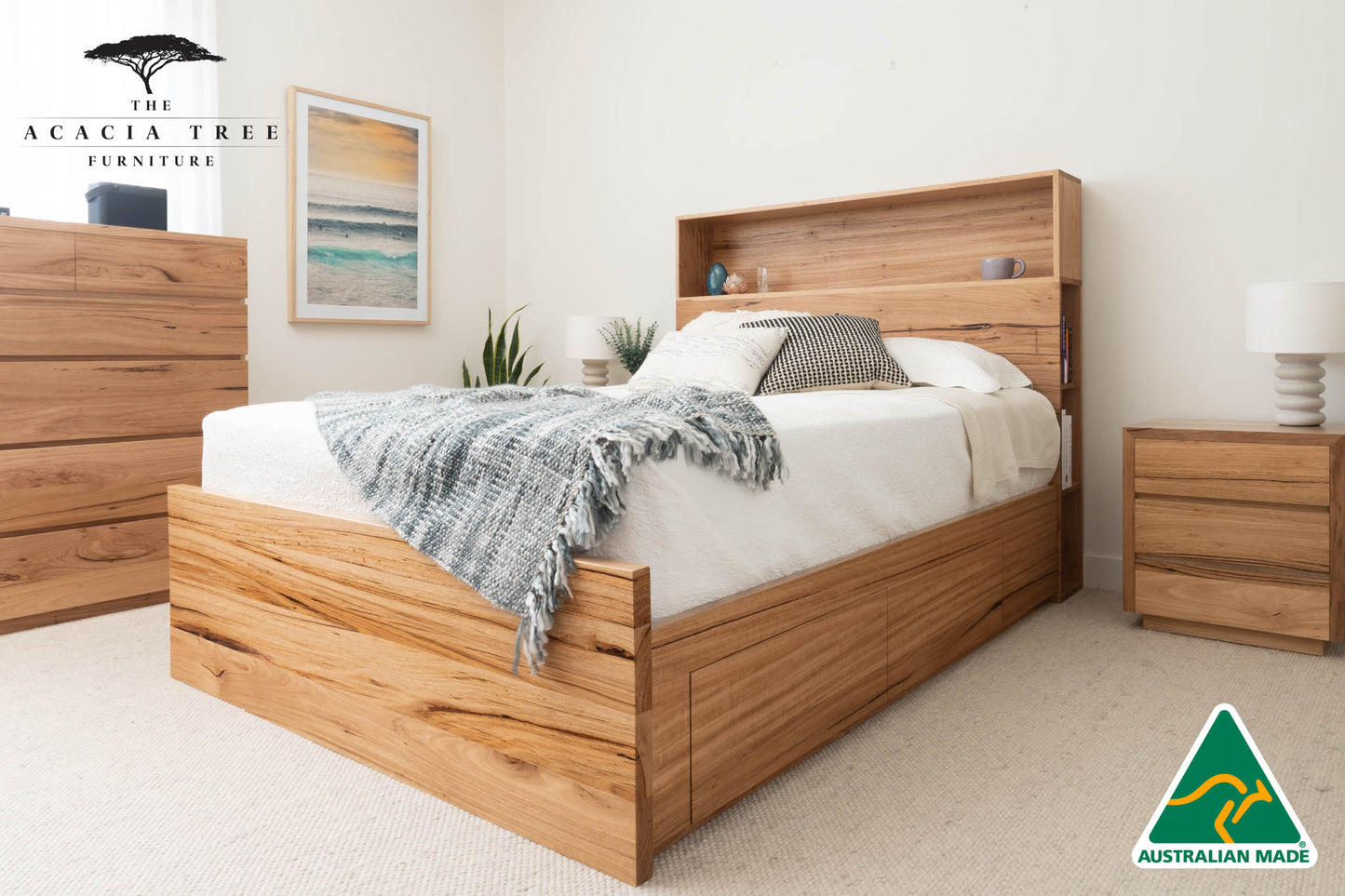 York Bookcase Headboard 4 Drawer Bedroom Suite - Made in Australia