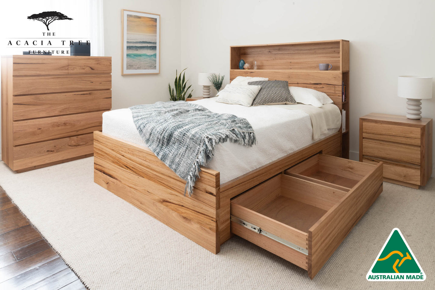 York Bookcase Headboard 4 Drawer Bedroom Suite - Made in Australia