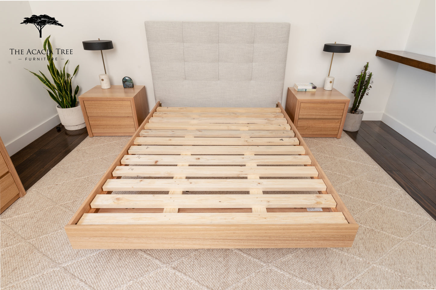 Yakka Upholstered Headboard Floating Bed Frame (Solid Tasmanian Oak)- Made in Australia