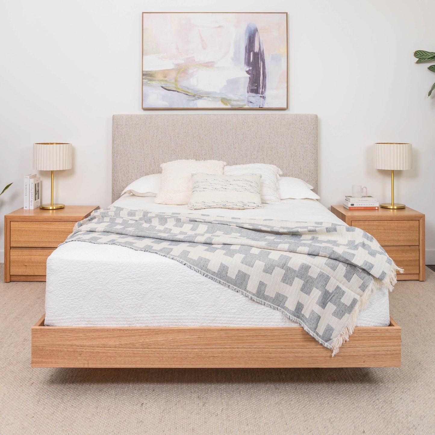 Yakka Upholstered Headboard Floating Bed Frame (Solid Tasmanian Oak)- Made in Australia