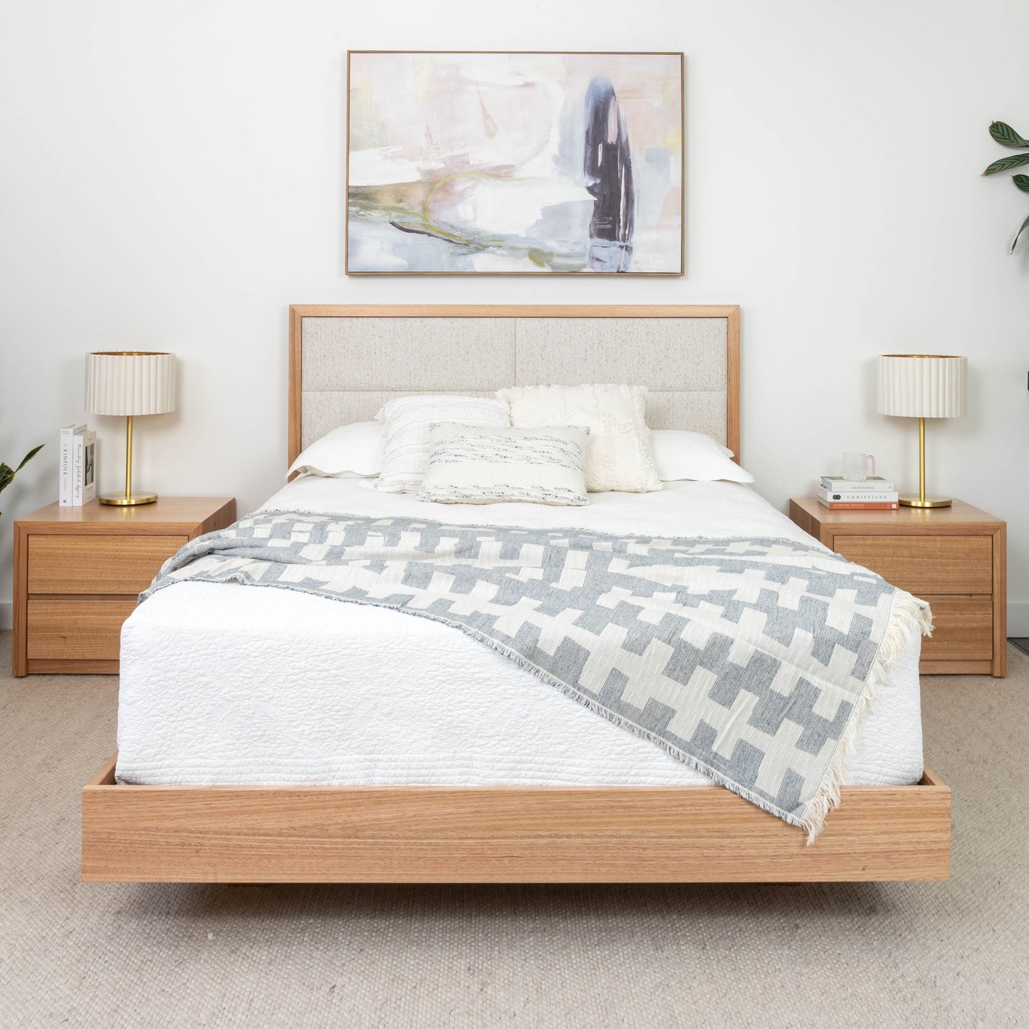 Yakka Oak and Fabric Headboard Floating Bed Frame (Solid Tasmanian Oak) - Made in Australia