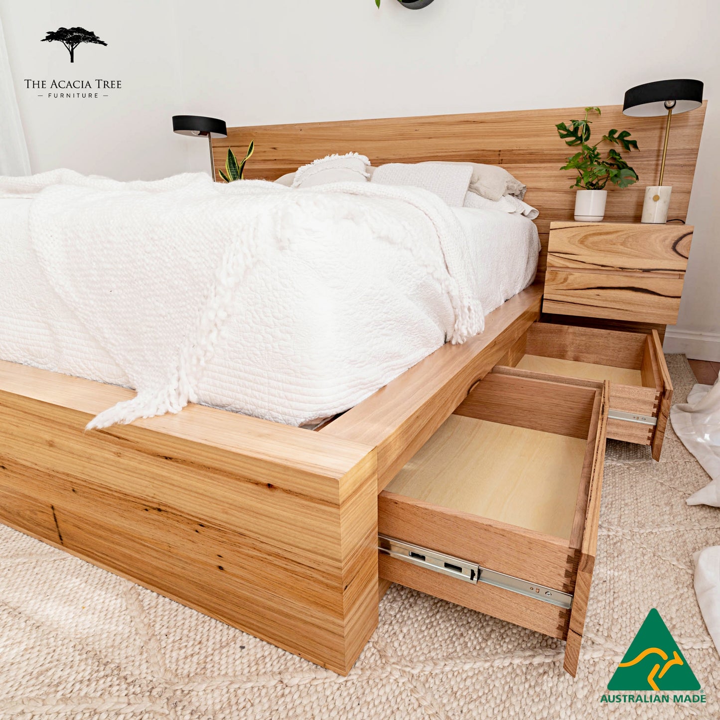 Meadow Storage Bed with Extended Headboard Built in Bedsides - Made in Melbourne