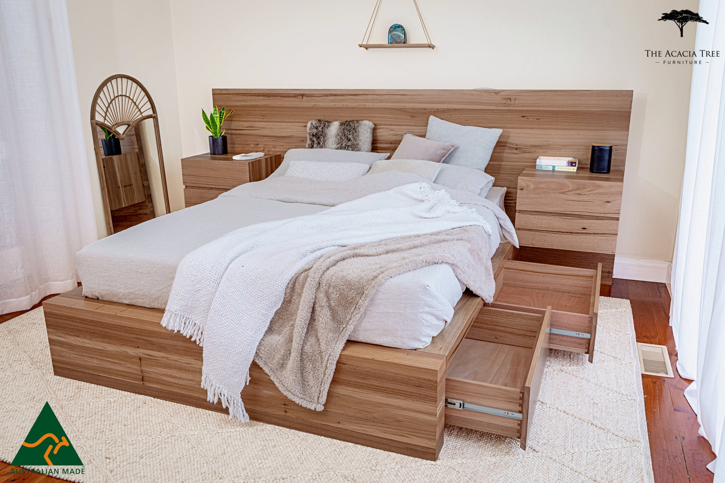 Meadow Storage Bed with Extended Headboard Built in Bedsides - Made in Melbourne