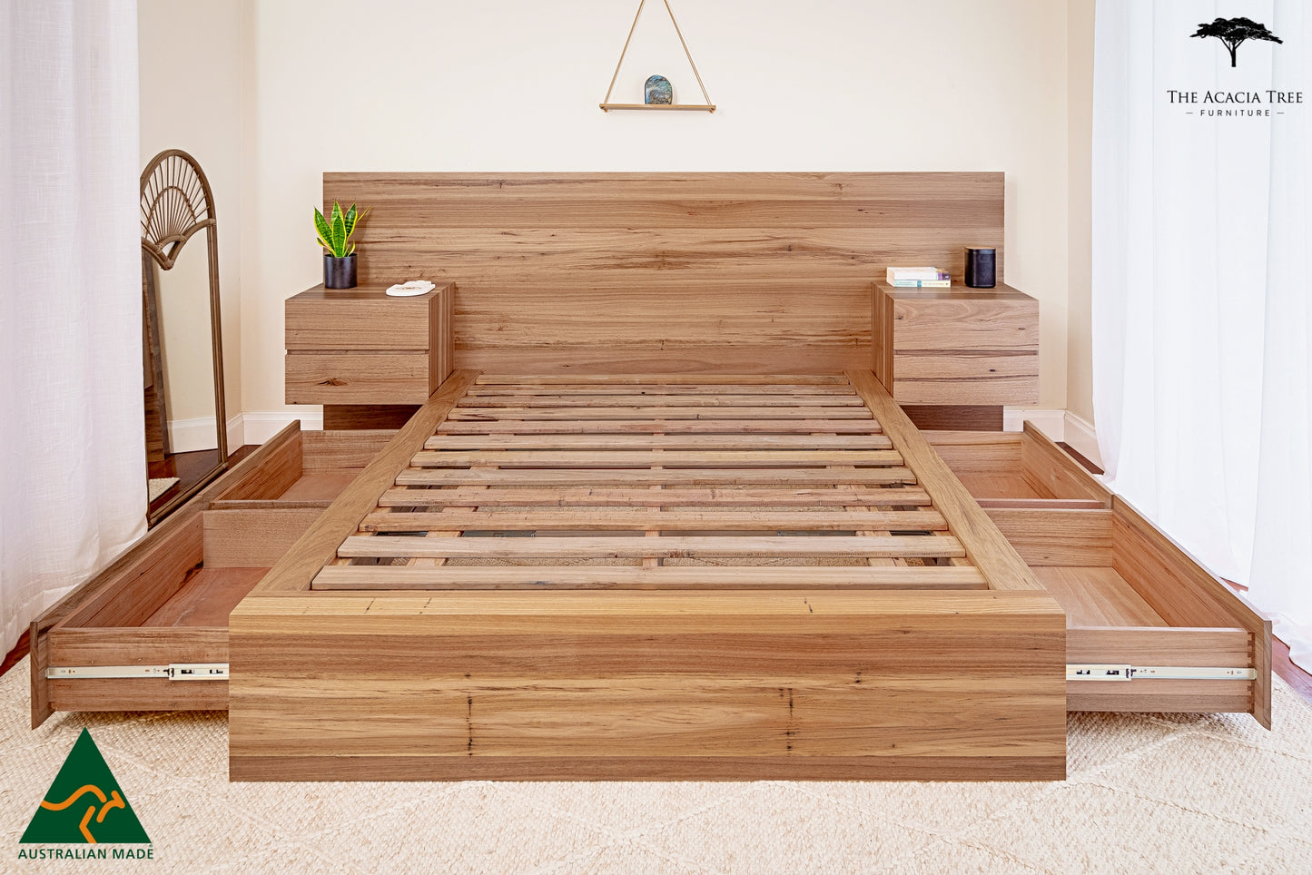 Meadow Storage Bed with Extended Headboard Built in Bedsides - Made in Melbourne